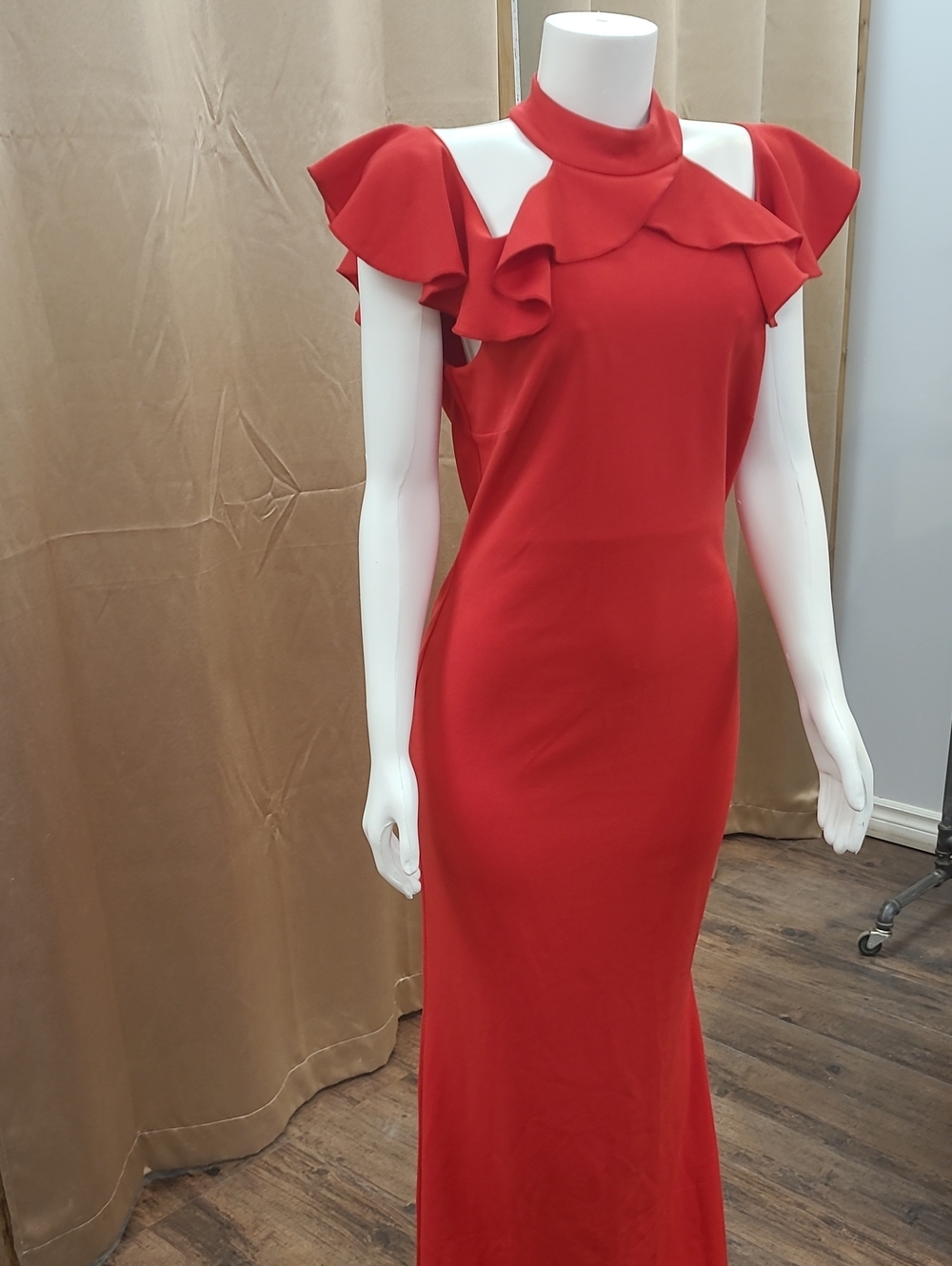 Red Ruffle Cold-Shoulder Maxi Dress - Picture 1 of 2